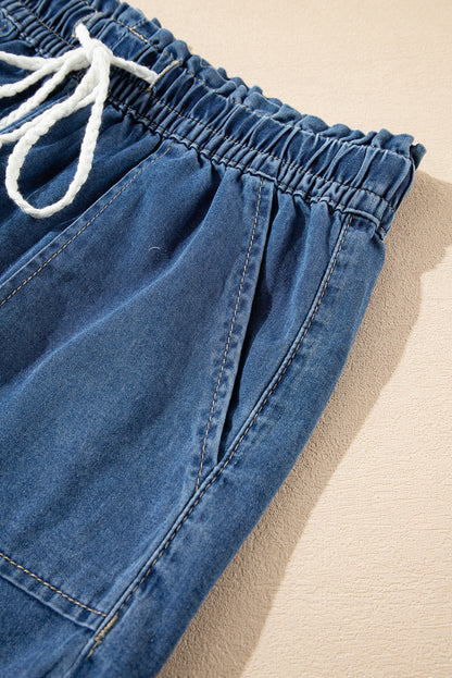 Ashleigh Blue Raw Hem Drawstring Elastic Waistband Denim Shorts with Pockets