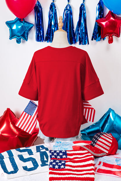 Fiery Red Patriotic USA Slogan Patch Embroidery Short Sleeve T Shirt
