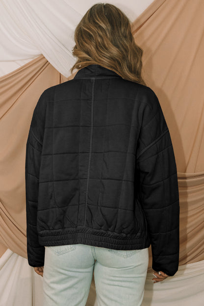 Black Zip-Up Pocket Quilted Jacket
