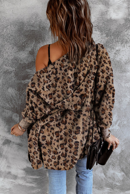 Leopard Soft Fleece Hooded Open Front Jacket