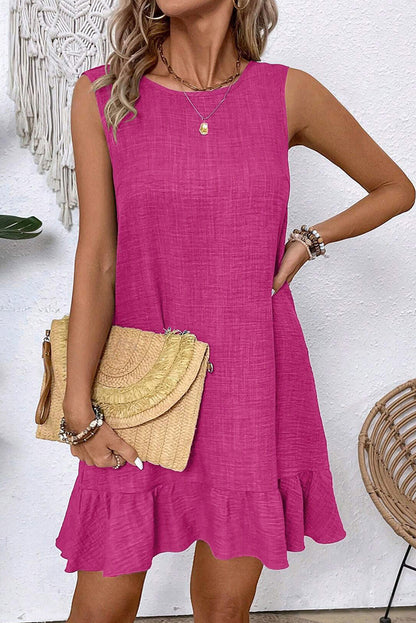 Bright Pink Knot Scoop Back Ruffle Hem Sleeveless Mini Dress