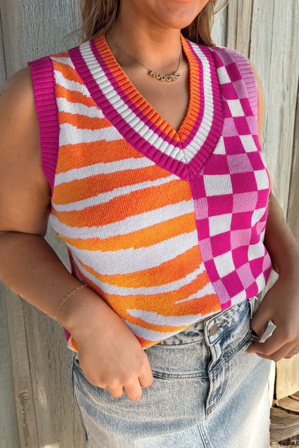Yellow Striped Checkered Contrast Patchwork V Neck Sweater Vest