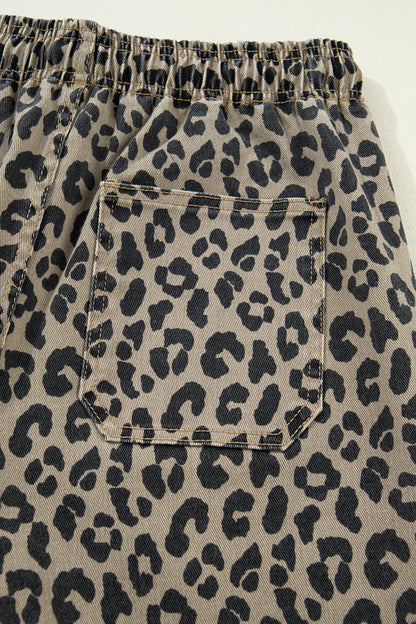 Khaki Leopard Print Drawstring Elastic Waist Loose Denim Pants with Pockets