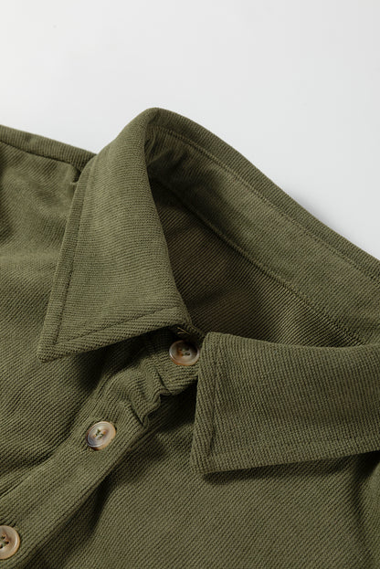 Black Corduroy Half Button Collared Long Sleeve Mini Dress