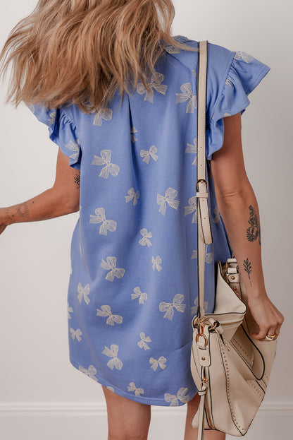 Sky Blue Bow Knot Print Crewneck Ruffled Sleeve Shift Mini Dress