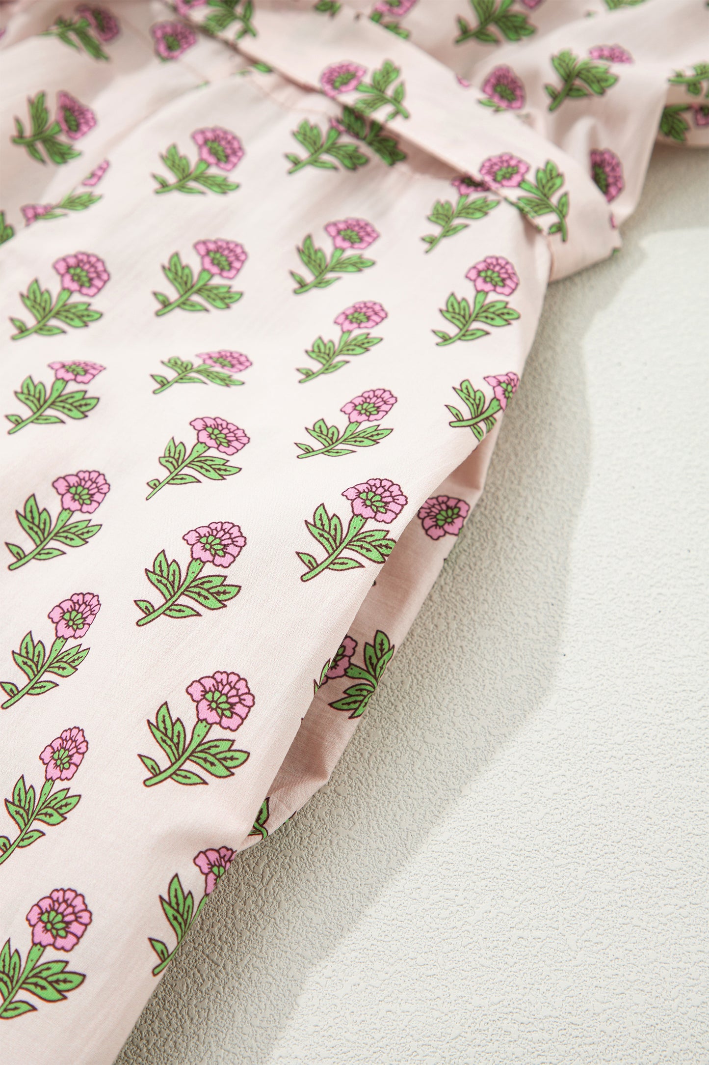 Pink Floral Print V Neck Scallop Trim Button Front Short Sleeve Long Dress