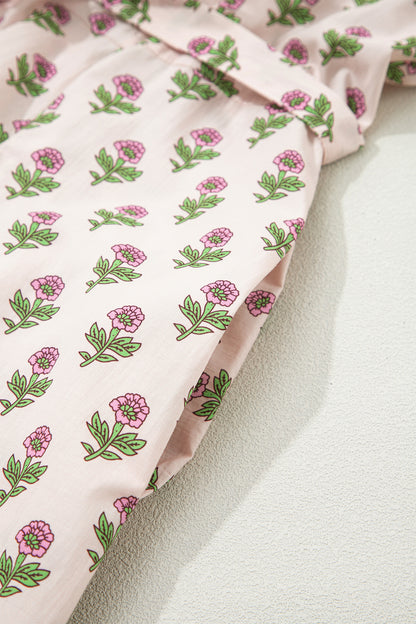 Pink Floral Print V Neck Scallop Trim Button Front Short Sleeve Long Dress
