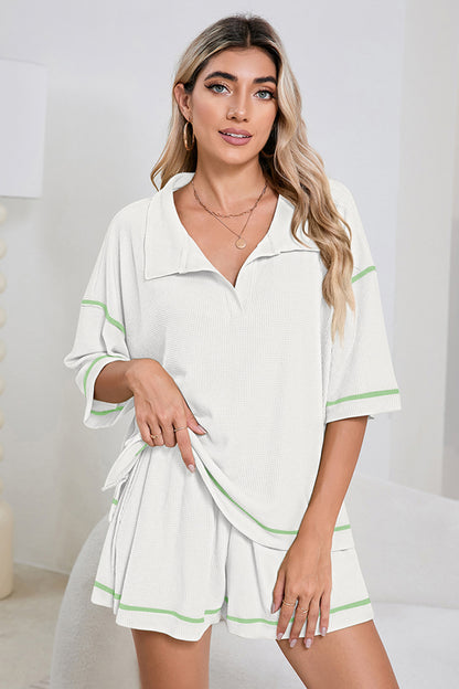 Pink Breathable Waffle Color Block Trim 2pcs Casual Short Set