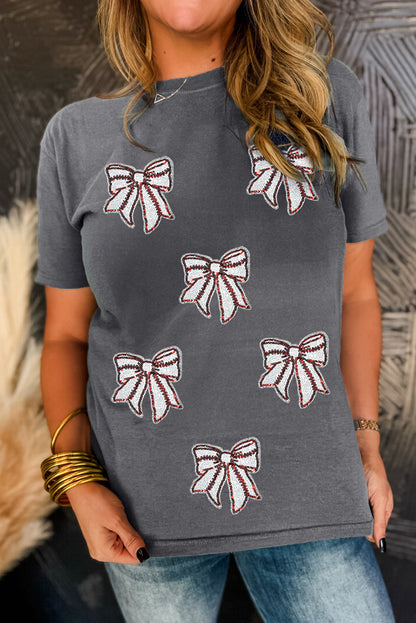Gray Sequin Bow Baseball Fashion Graphic Tee