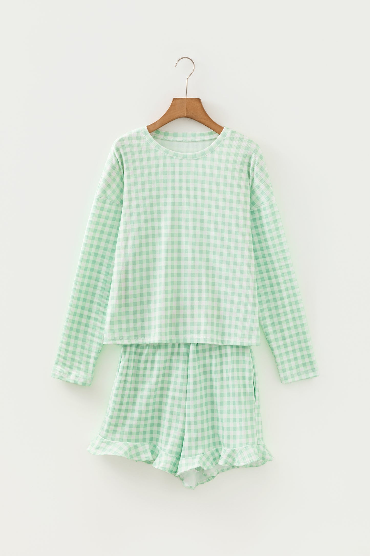 Green Gingham Long Sleeve Loose Top Drawstring Shorts 2pcs Lounge Set