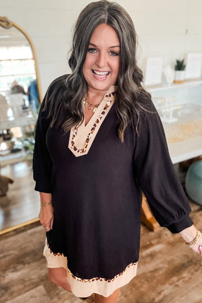 Black Contrast Color Block Leopard Trim Plus Size Ribbed Dress