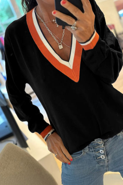 Black Contrast Striped Trim V Neck Varsity Sweater