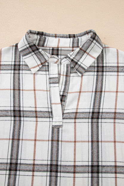 White Plaid Print Collared V Neck Loose Blouse with Side Slits