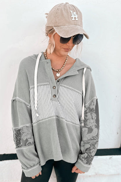 Gray Waffle Printed Patchwork Drawstring Hooded Long Sleeve Top