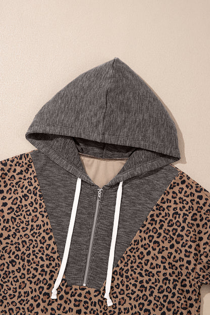Khaki Ribbed Leopard Print Contrast Collar Zip Hooded Pullover Sweatshirt