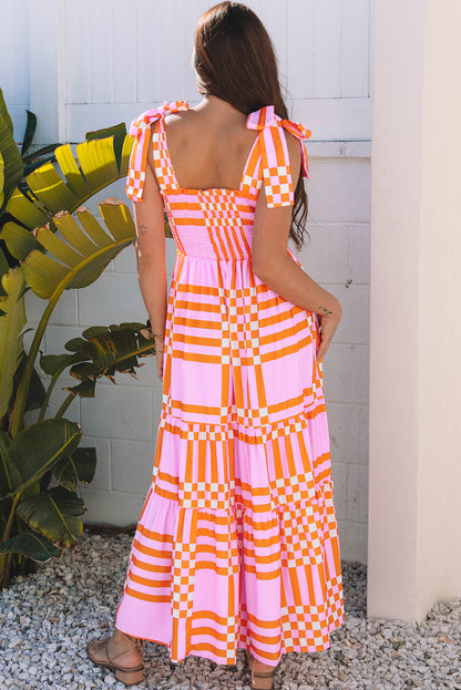 Pink Boho Gingham Tied Straps Smocked Maxi Dress