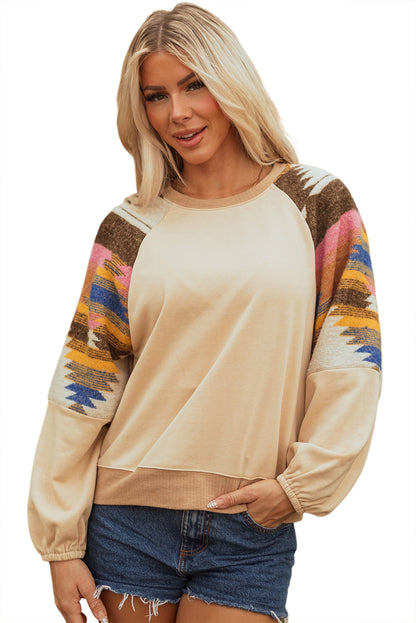 Light French Beige Aztec Patchwork Raglan Pullover Sweatshirt