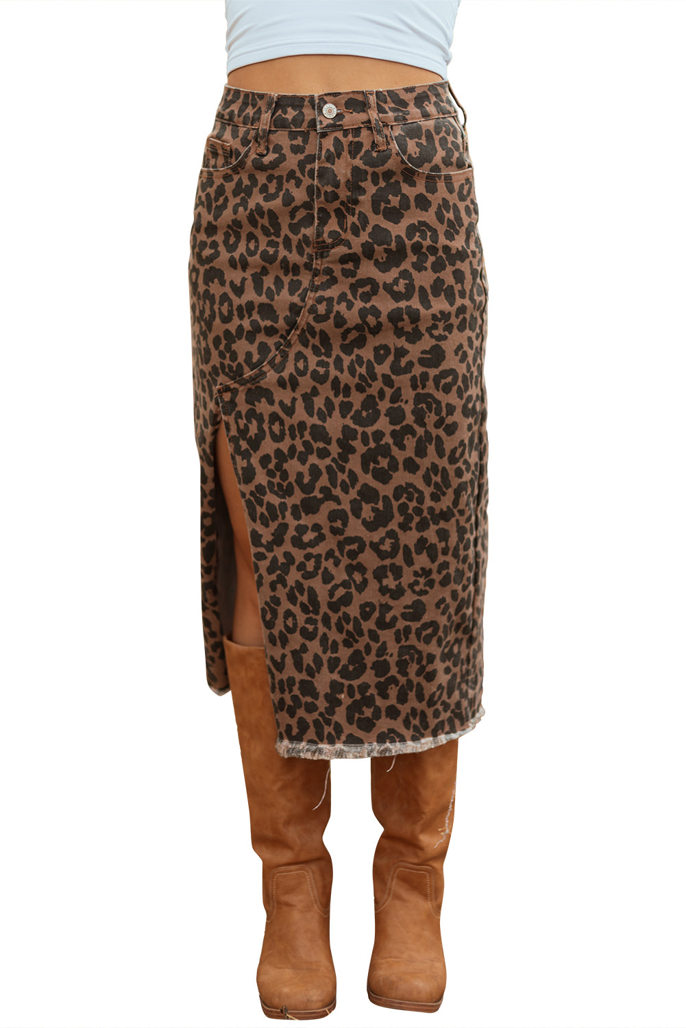 Brown Leopard Denim Frayed Split Denim Midi Skirt