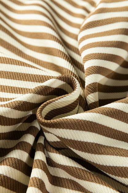 Brown Stripe Textured Drop Shoulder Pullover Top Drawstring Mini Skirt Two Piece Dress Set