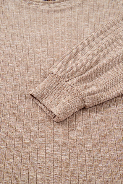 Dark Khaki Ribbed Balloon Sleeve Pullover Top and Biker Knitted Short Set