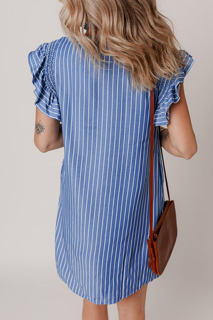 Sky Blue Stripe Frilly Split Neck Shirred Ruffle Sleeve Short Shift Dress