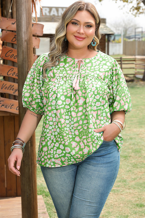 Green Plus Size Floral Tassel Tie Split Neck Puff Sleeve Blouse