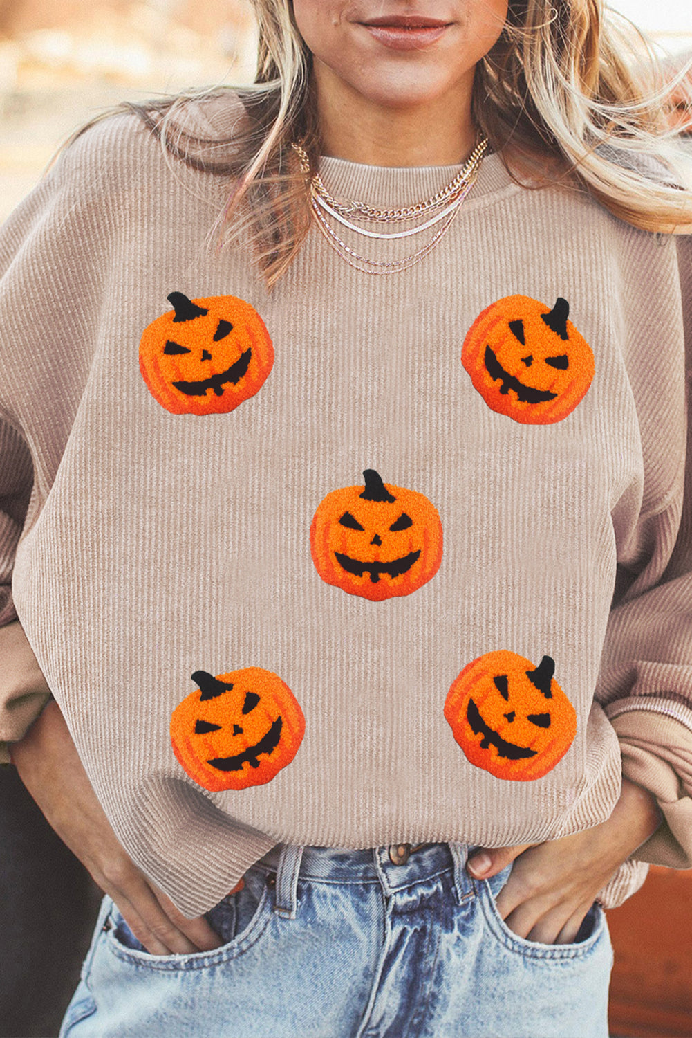 Apricot Twisted Rib Texture Chenille Halloween Pumpkin Patched Drop Shoulder Sweatshirt