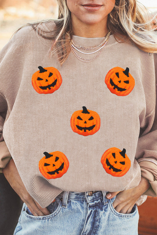 Apricot Twisted Rib Texture Chenille Halloween Pumpkin Patched Drop Shoulder Sweatshirt