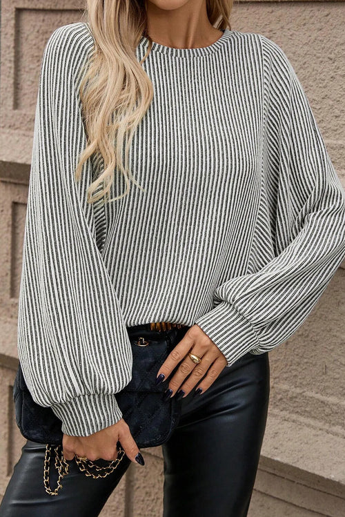 Gray Ribbed Knit Round Neck Long Lantern Sleeve Top