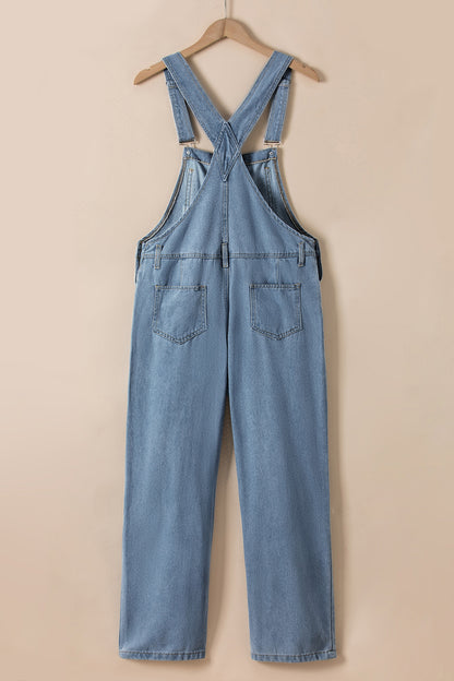 Dark Blue Retro Bib Pocket Buckle Straps Casual Denim Jumpsuit