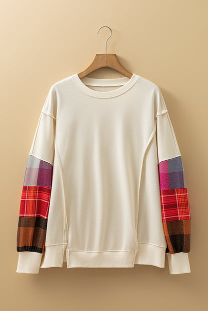 Beige Contrast Plaid Long Sleeve Exposed Seam Patchwork Top