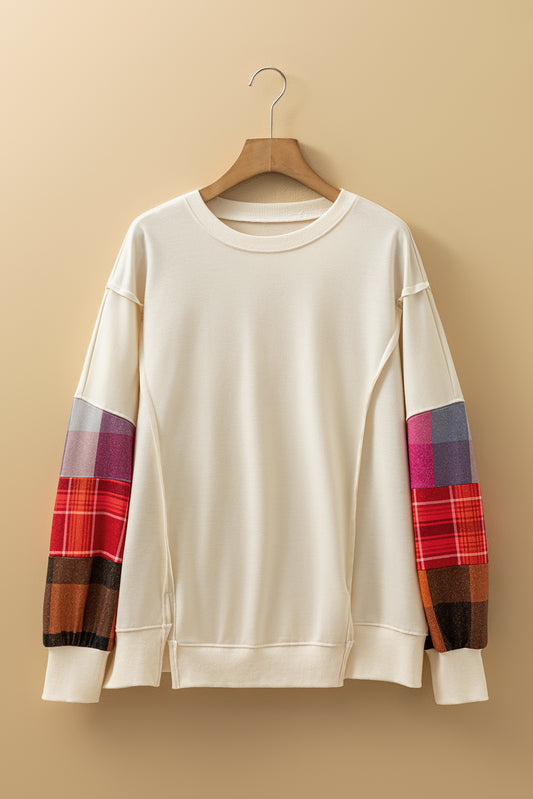 Beige Contrast Plaid Long Sleeve Exposed Seam Patchwork Top