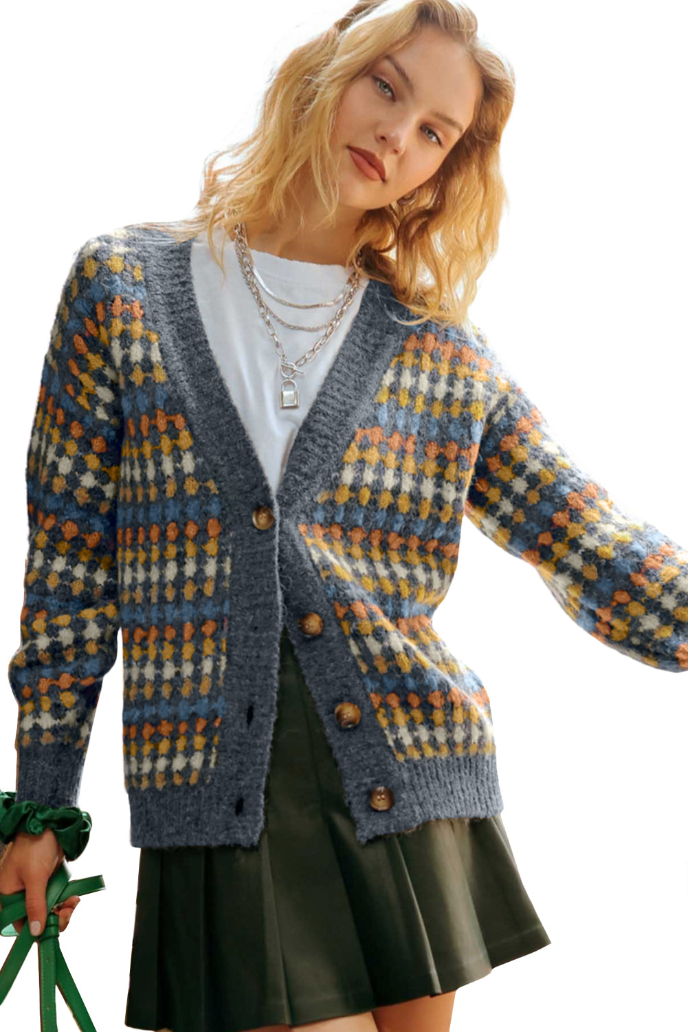 Multicolour Dotty Pattern Knit Button Front V Neck Sweater Cardigan