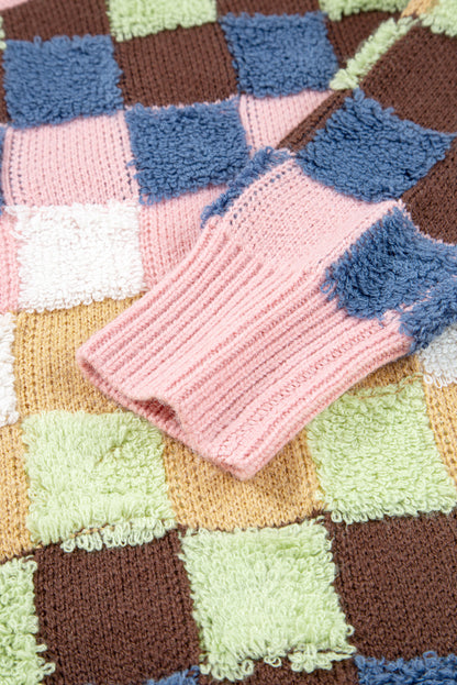 Multicolour Plush Checkered Pattern Button Front Cardigan Sweater