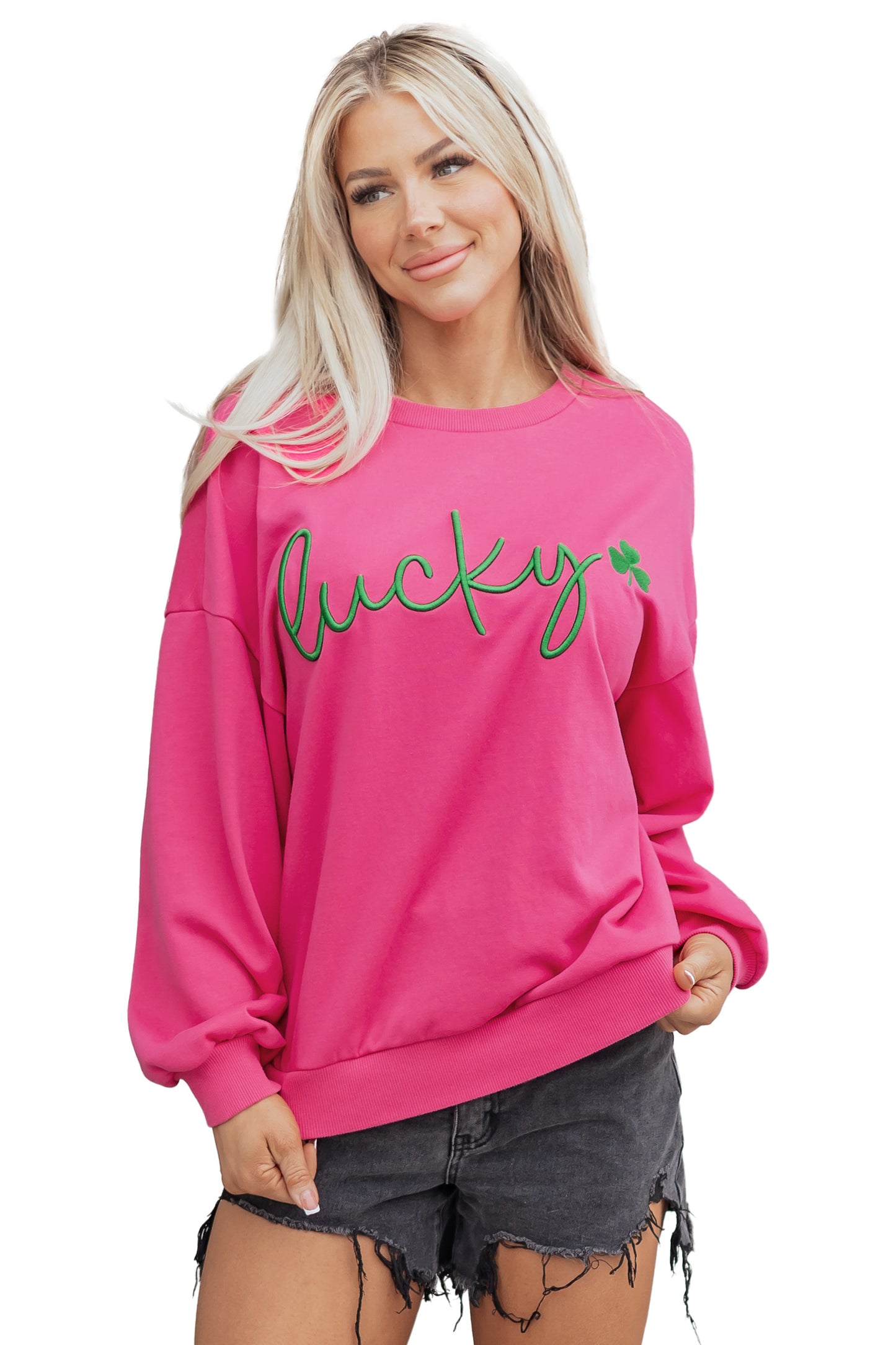 Rose Red Lucky Clover Embroidered Loose Pullover Sweatshirt