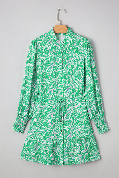 Green Paisley Print Long Sleeve Button Front Tied Waist Mini Dress