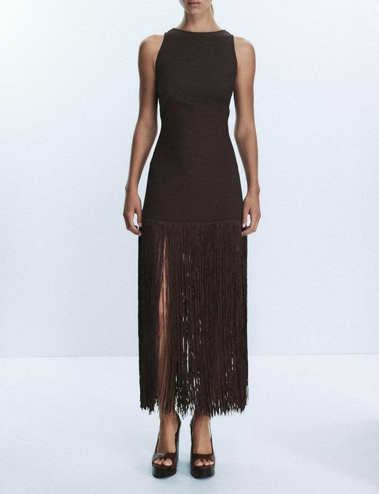 Women Clothing Spring Elegant Lady Slim Sleeveless Tassel Dress