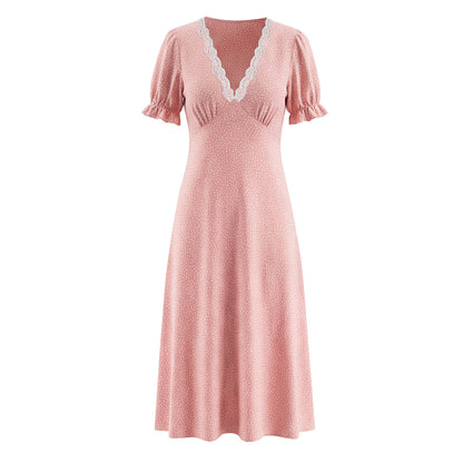 Women Clothing Spring Lace Polka Dot Short Sleeve Dress