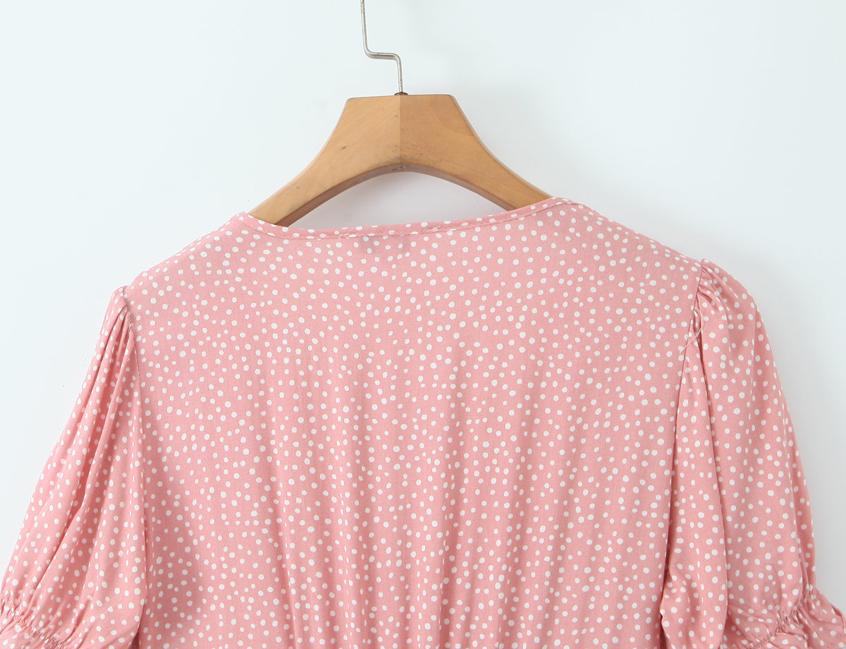 Women Clothing Spring Lace Polka Dot Short Sleeve Dress