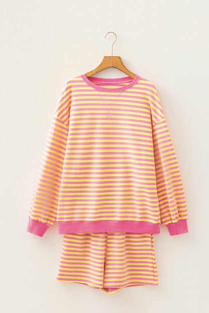Yellow Stripe Color Block Trim Round Neck Long Sleeve Top Casual Shorts 2pcs Set