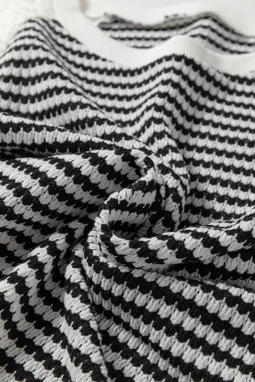 Black Stripe Textured Knit Contrast Hollowed Lace Patchwork Long Sleeve Top