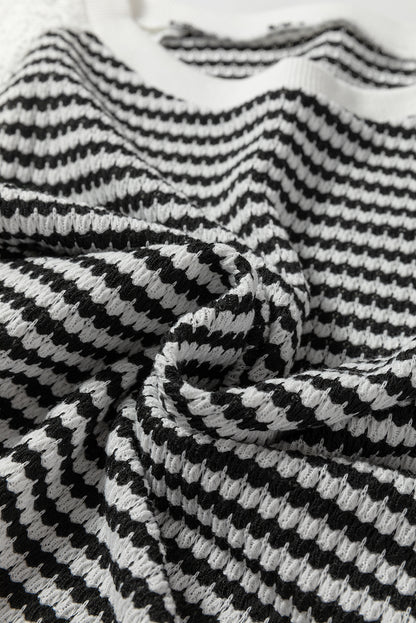 Black Stripe Textured Knit Contrast Hollowed Lace Patchwork Long Sleeve Top