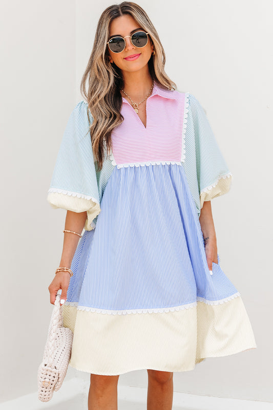 Multicolour Striped Patchwork Ric Rac Puff Sleeve Collared Mini Dress