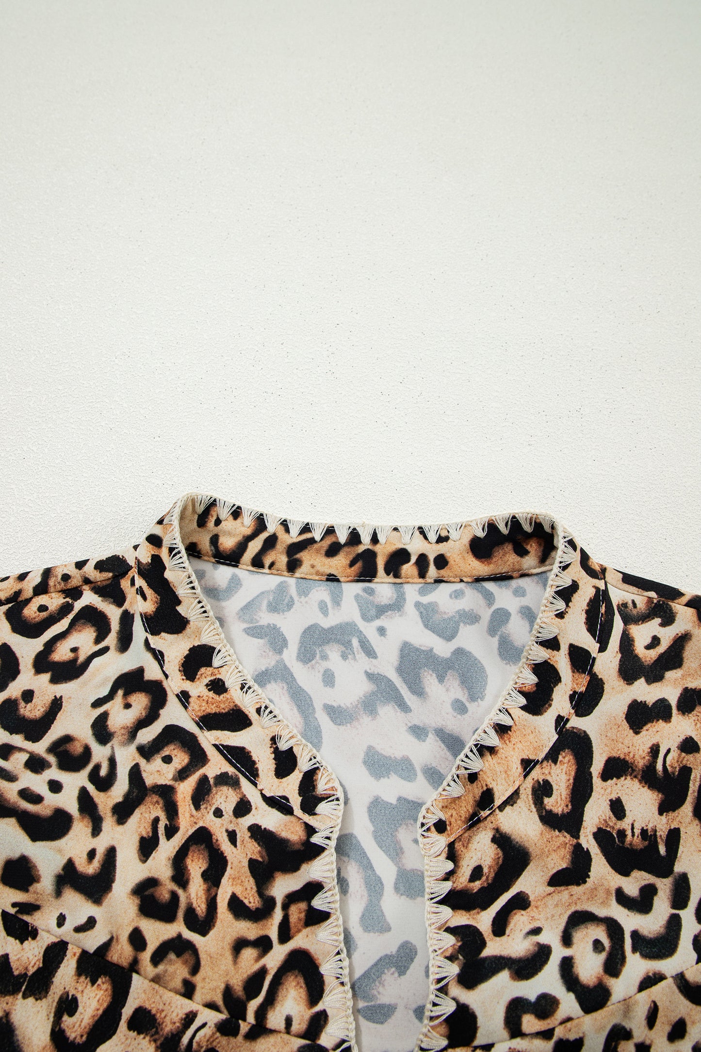 Khaki Plus Size Leopard Print Stitch Detail Ruffled Short Sleeve Blouse