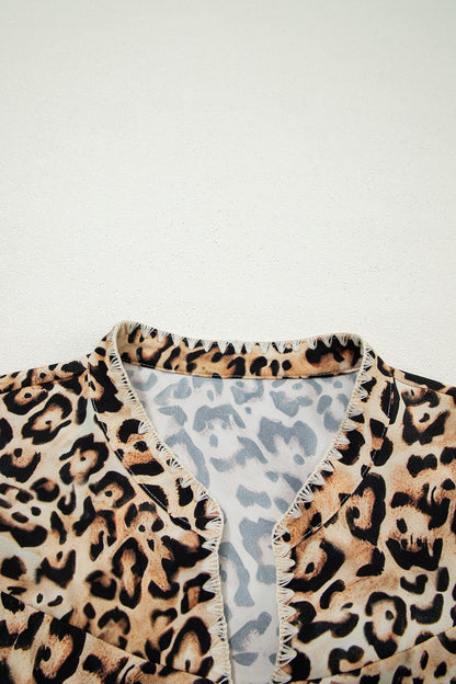Khaki Plus Size Leopard Print Stitch Detail Ruffled Short Sleeve Blouse