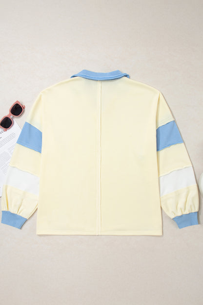 Yellow Cream Raw Seam Color Block Patchwork Plus Size V Neck Pullover