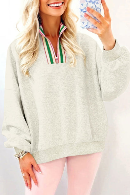 Sachet Pink Contrast Striped Patchwork Zip Collar Pullover Sweatshirt