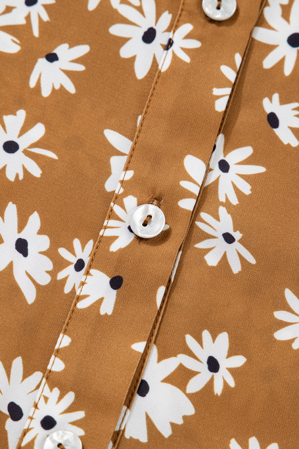 Khaki Plus Size Daisy Floral Print Button Split Neck Puff Sleeve Dress