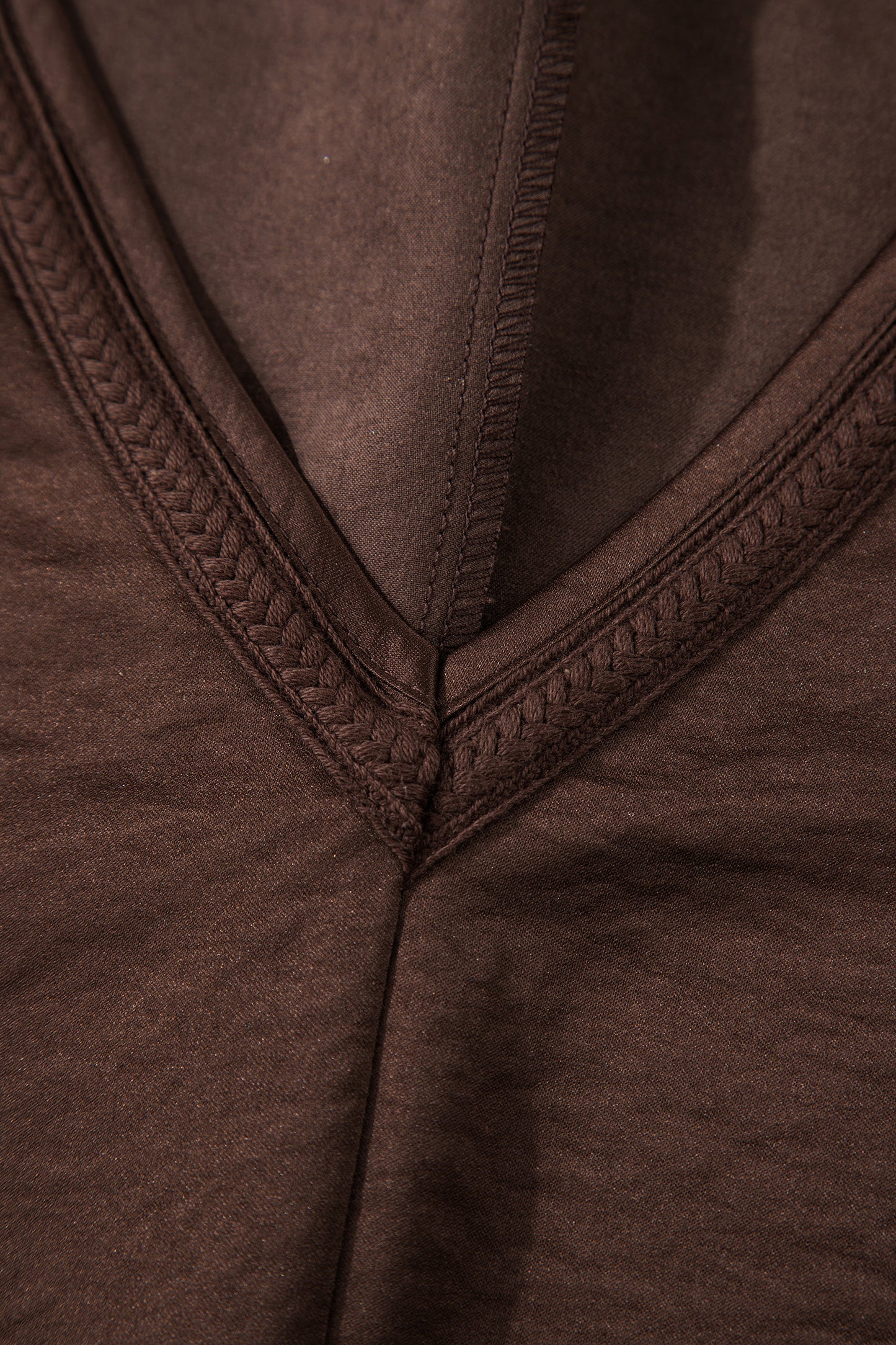 Dark Brown Braided V Neck Long Sleeve Loose Top and Drawstring High Waist Pants 2pcs Outfit