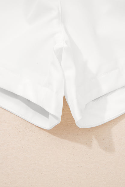 White Solid Color Ribbed Patchwork High Waist Athletic Shorts